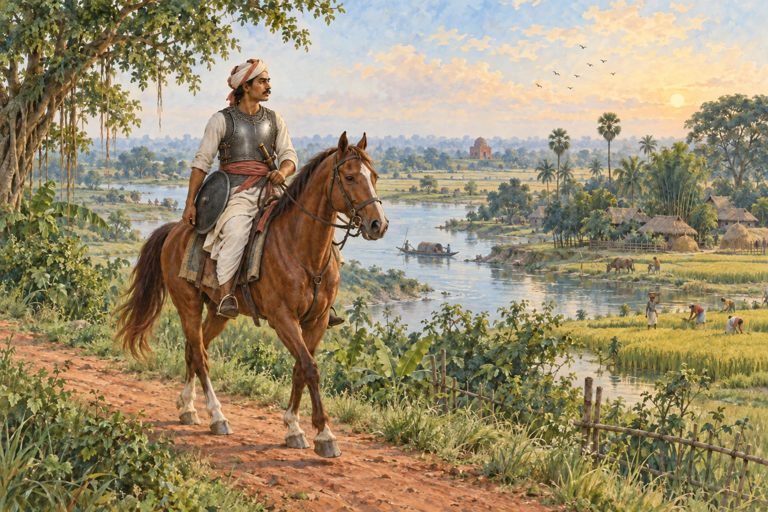 Artistic interpretation of a mounted Nagadee warrior in chest armour beside a river and paddy fields in Burdwan.